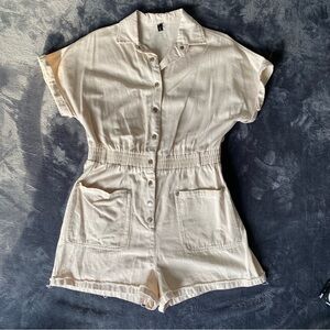 Chou Yatou Cream Denim Utility Romper - Button Front Elastic Waist - Size Large